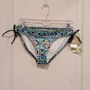 2Bamboo Geometric Print Tie-Side Bikini Bottoms Teal, Black & White Size Small